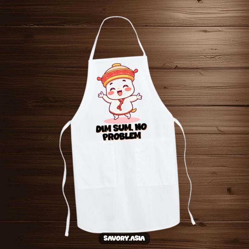 Funny dim sum platter character apron, designed for cooking, showing a character doing a happy dance, adding humor to the kitchen.