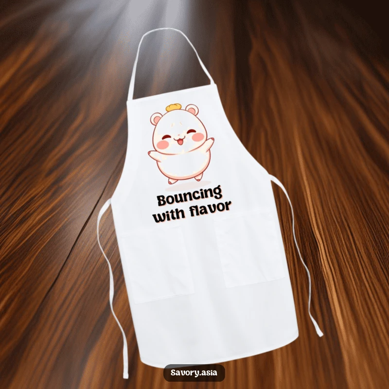 Funny bao bun apron featuring a blushing, happy bao bun in a playful hop, ideal for kitchen adventures with cute humor.