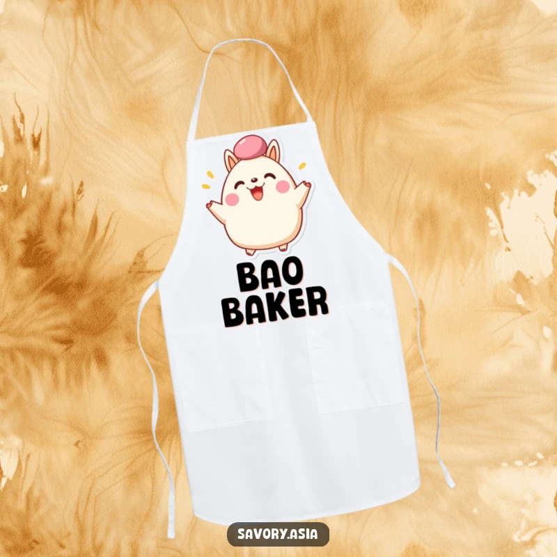 Funny Apron depicting a happy bao bun character cheering with its fluffy top, humorously protecting kitchen attire during baking fun.