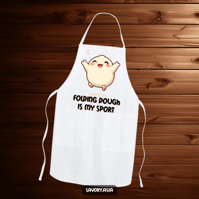 Funny dumpling apron showcasing a happy, leaping steamed dumpling, ideal for kitchen duty with a side of delightful humor.