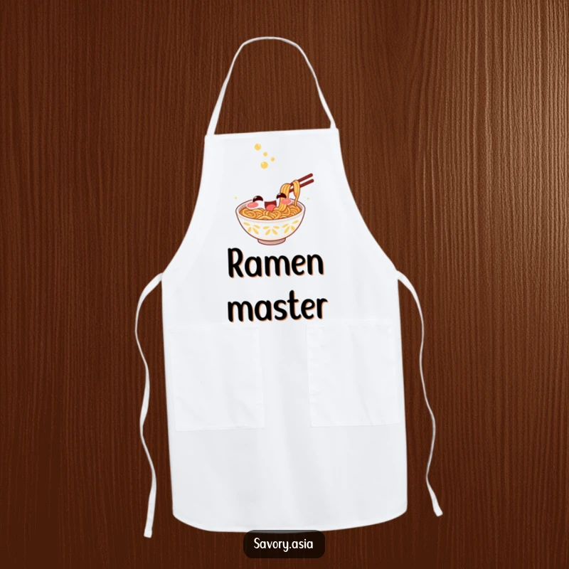 Funny Apron depicting a smiling ramen bowl character excitedly slurping noodles, humorously protecting kitchen attire during meal prep.