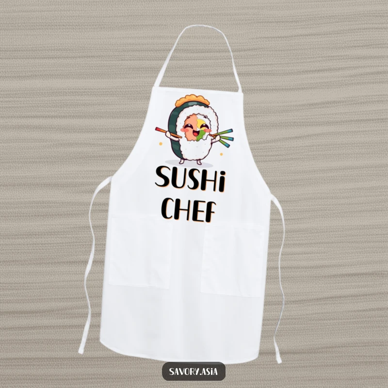 Funny Apron depicting a giggling sushi roll character juggling chopsticks, humorously protecting kitchen attire for culinary fun.