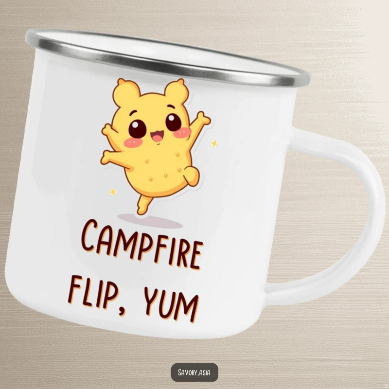 Funny tempura character camping mug, durable for adventures, showing a crispy piece doing a playful somersault, adding humor outdoors.