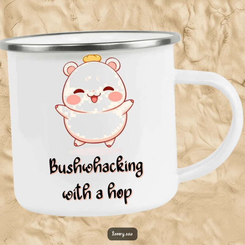 Funny bao bun camping mug depicting a blushing, cheerful bao bun mid-hop, ready for outdoor fun and sweet moments.