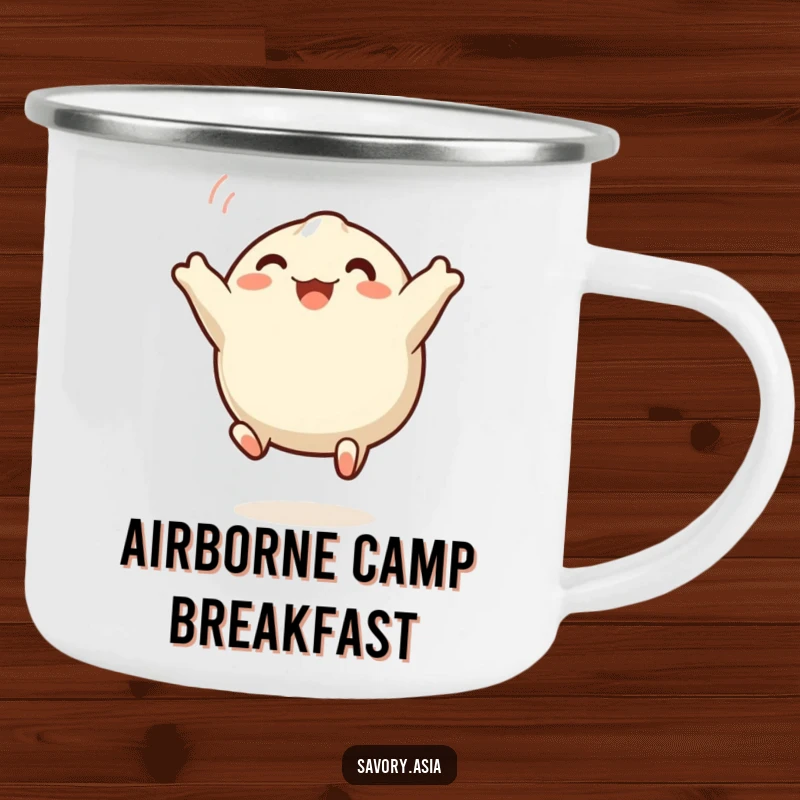 Funny dumpling camping mug depicting a joyful, leaping steamed dumpling, ready for outdoor adventures and adding humor to drinks.