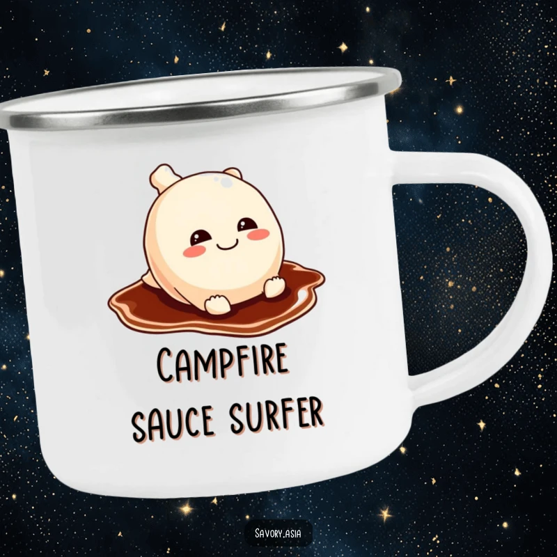 Funny potsticker camping mug depicting a mischievous potsticker sliding on soy sauce, ready for outdoor fun and playful moments.