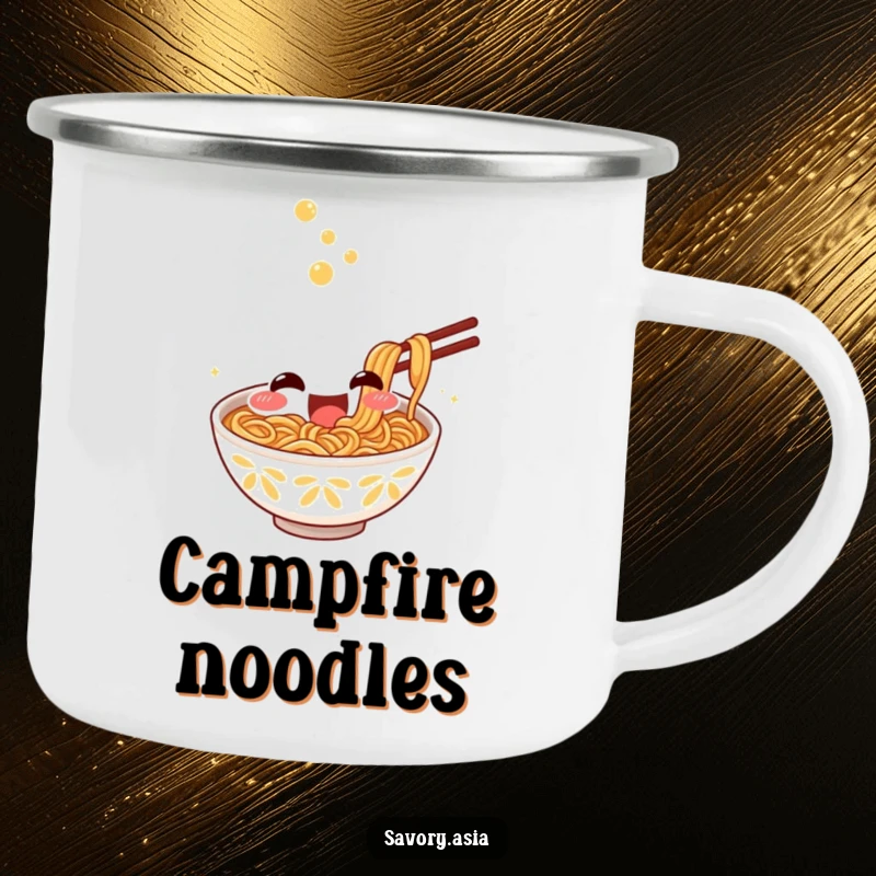 Funny Camping Mug featuring a smiling ramen bowl character slurping noodles, perfect for humorous outdoor hot drinks.