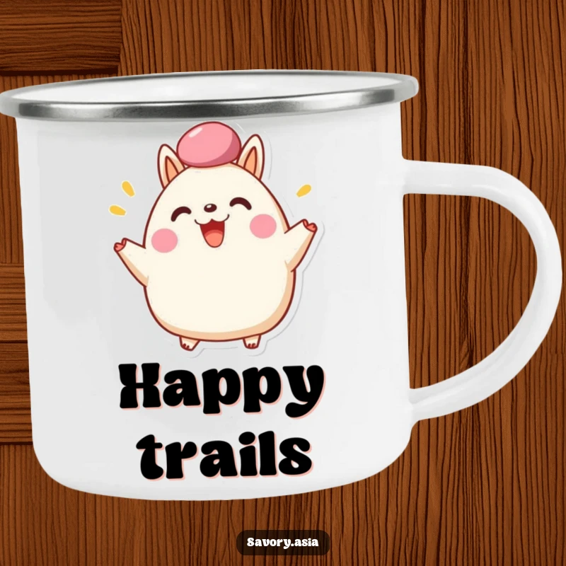Funny Camping Mug featuring a happy bao bun character cheering with its fluffy top, perfect for humorous outdoor drinks.