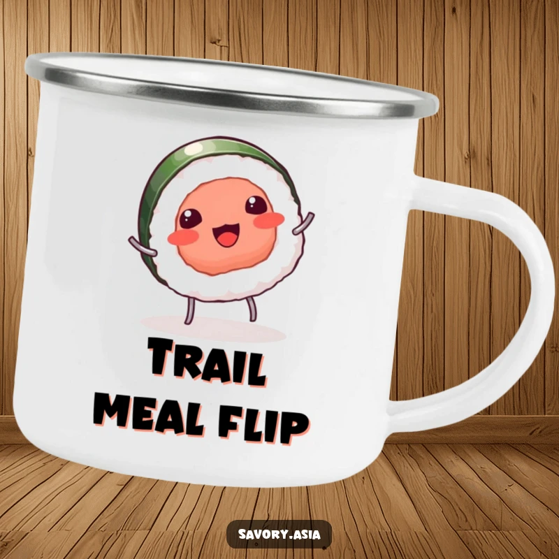 Funny camping mug of a giggling sushi piece with tiny legs doing a cartwheel, suitable for humorous outdoor snacks.
