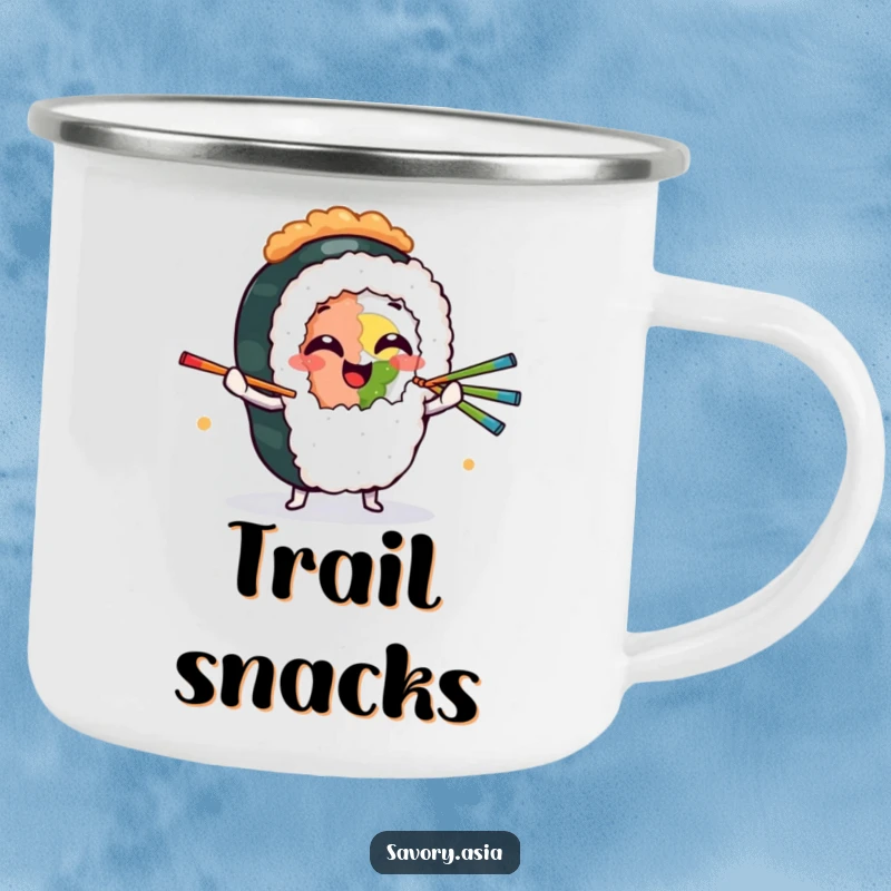 Funny Camping Mug featuring a giggling sushi roll character juggling chopsticks, perfect for humorous outdoor meals and drinks.