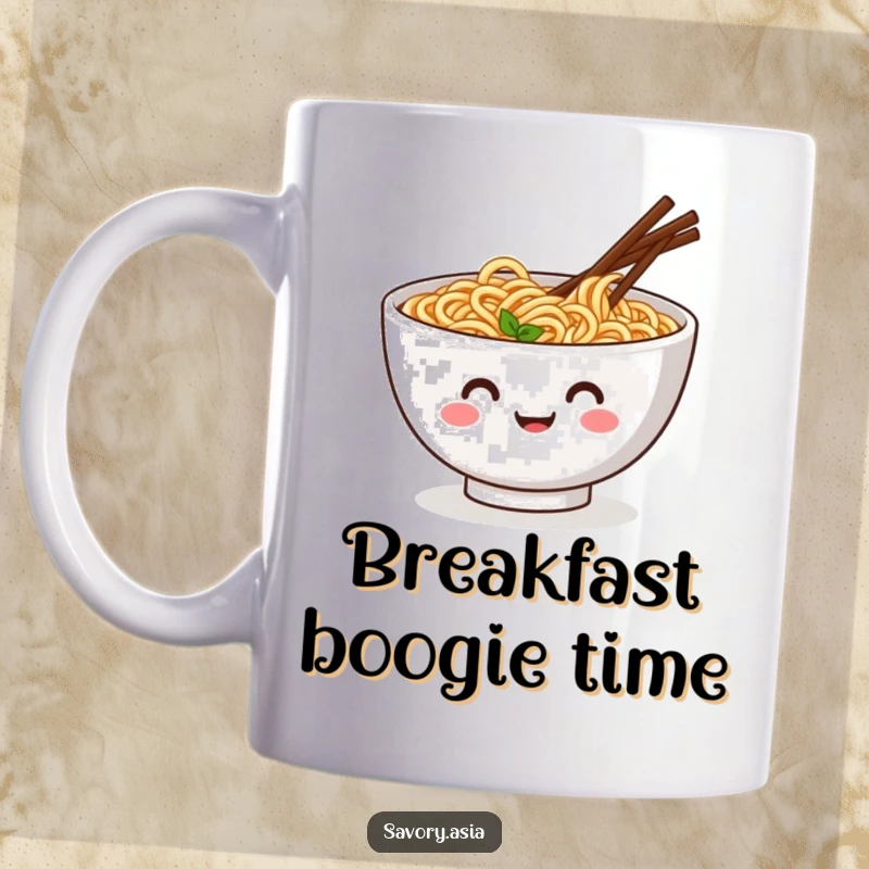 Funny mug of a smiling ramen bowl with wiggling chopsticks doing a jig, symbolizing joyful eating and fun.