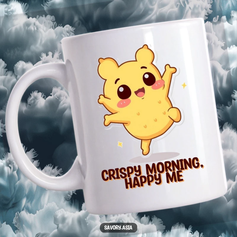 Funny tempura piece mug with a cheerful character performing a playful somersault, showcasing food humor and action.