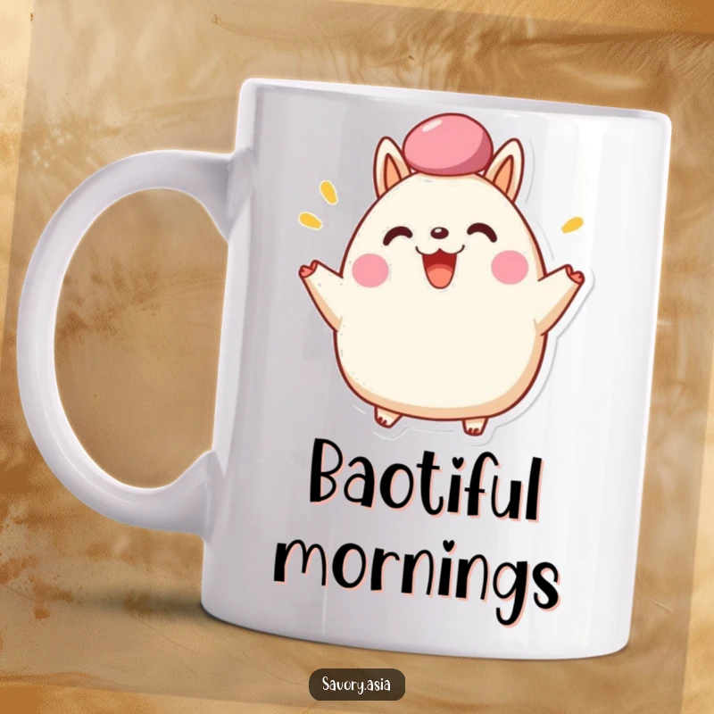 Funny Mug featuring a happy bao bun character cheering with its fluffy top, embodying pure joy and celebratory spirit.
