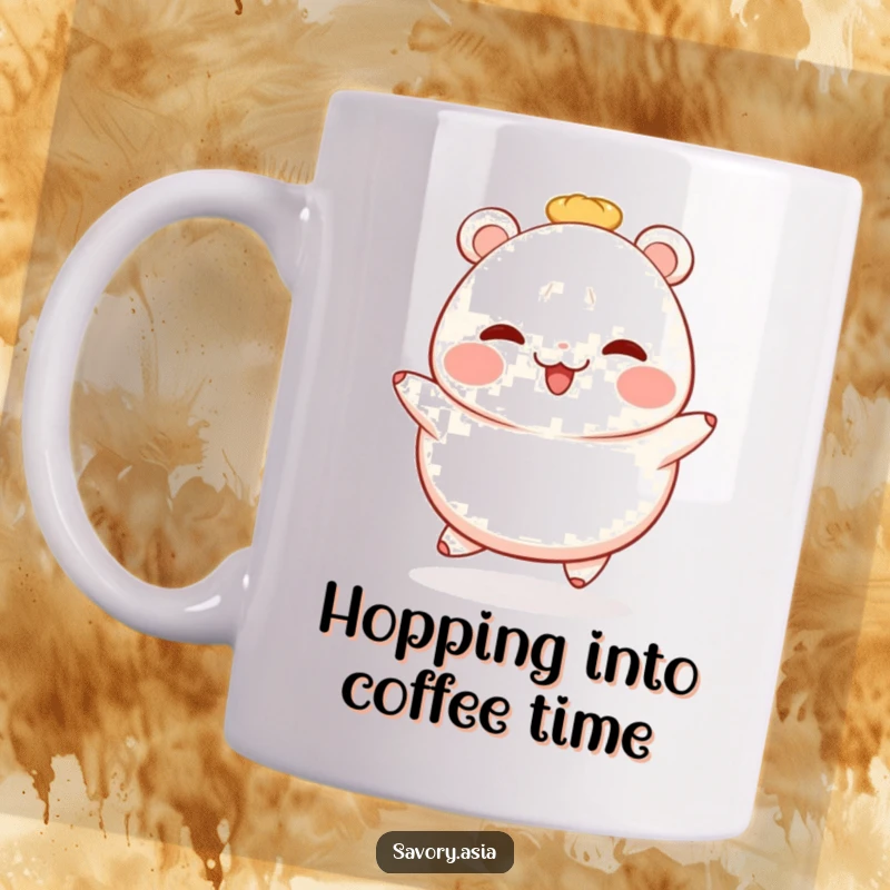 Funny cheerful bao bun mug with a rosy blush, captured mid-hop, radiating pure happiness and adorable charm.
