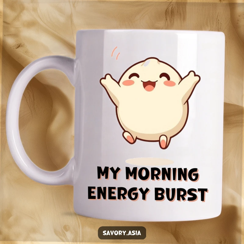 Funny steamed dumpling mug with wide eyes leaping joyfully, showcasing an energetic and happy food character ready for fun.