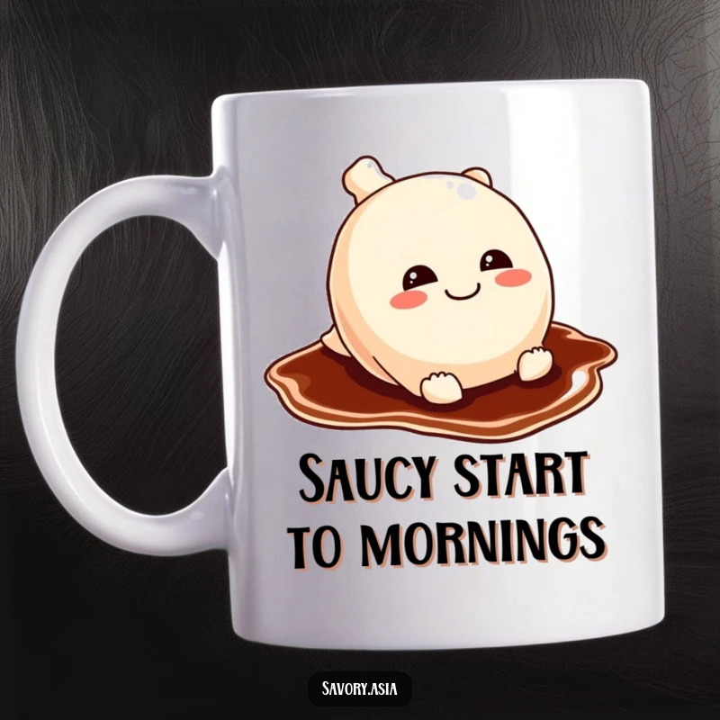 Funny potsticker mug featuring a mischievous grinner sliding on a soy sauce puddle, embodying playful and cheeky food humor.