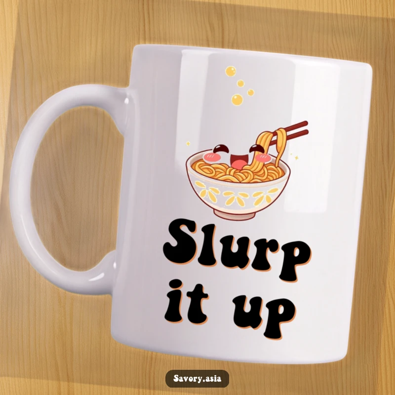 Funny Mug featuring a smiling ramen bowl character excitedly slurping noodles, capturing the pure joy of a delicious meal.
