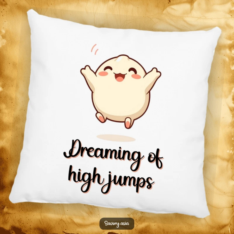 Funny dumpling pillow featuring a happy, leaping steamed dumpling with wide eyes, adding a touch of playful comfort and humor.