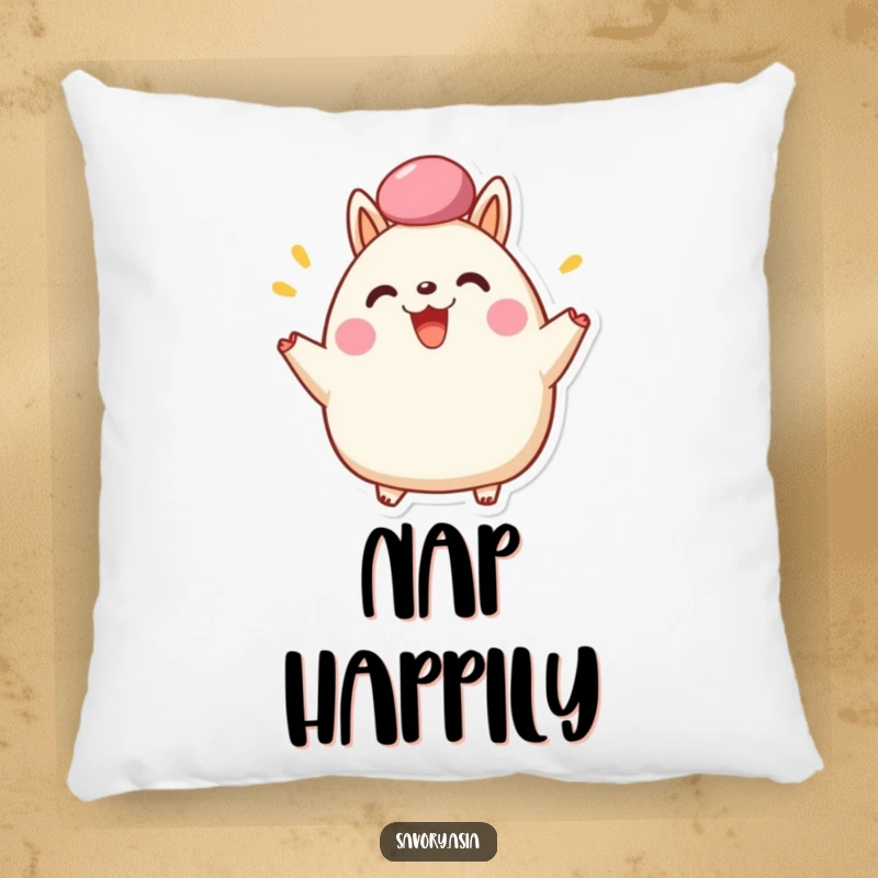 Funny Pillow featuring a happy bao bun character cheering with its fluffy top, offering humorous comfort and a delightful decorative touch.