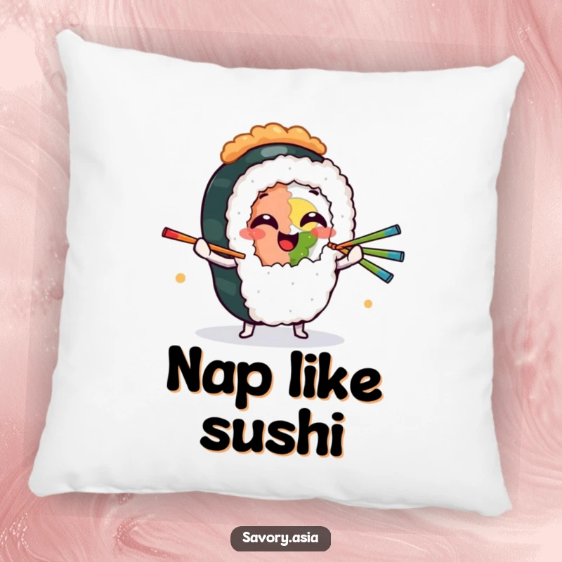 Funny Pillow featuring a giggling sushi roll character juggling chopsticks, offering humorous comfort and a quirky decorative touch.