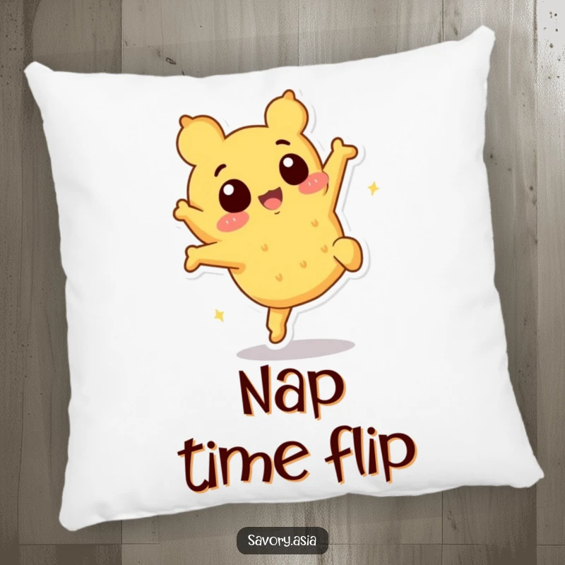 Funny tempura character pillow, soft and decorative, showing a crispy piece doing a playful somersault, bringing humor to furnishings.