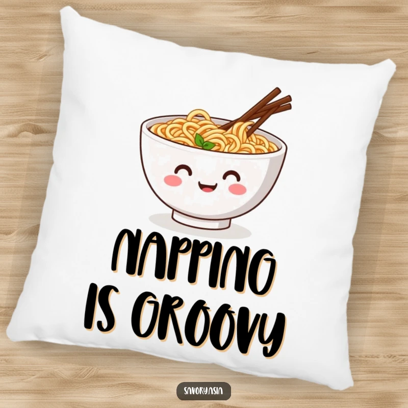 Funny pillow featuring a smiling ramen bowl with wiggling chopsticks doing a jig, adding a touch of humorous comfort.