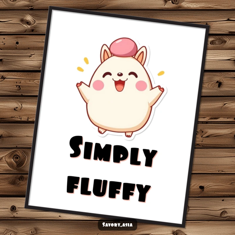 Funny Digital Art Print of a happy bao bun character cheering with its fluffy top, perfect for humorous and positive room decor.