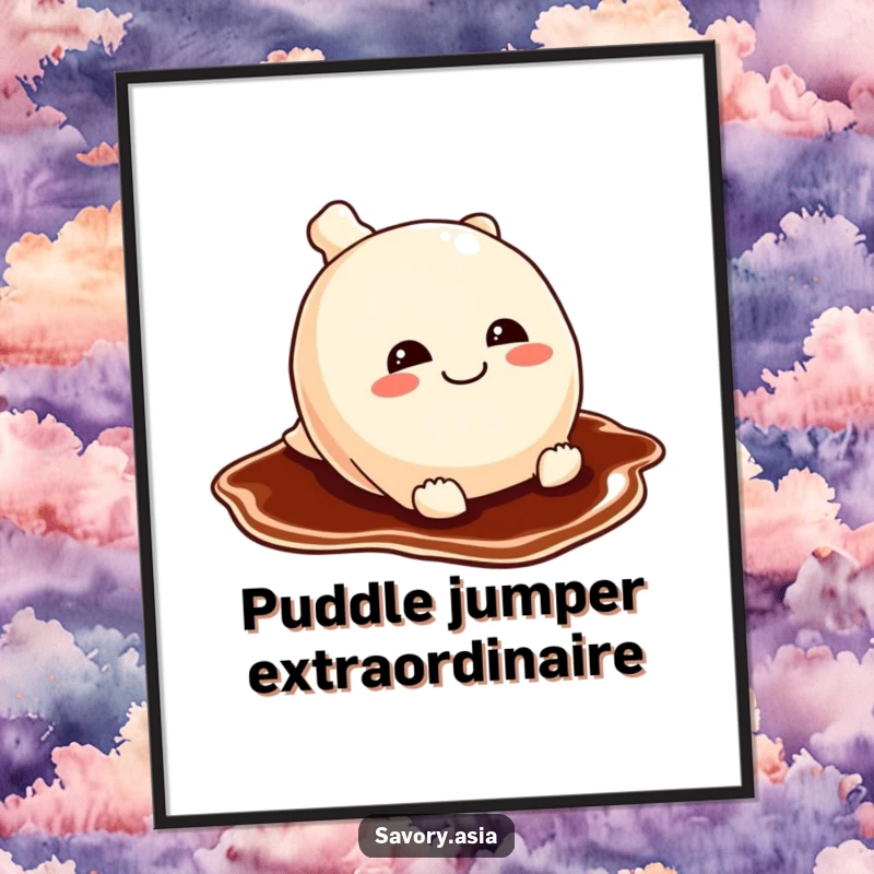 Funny potsticker digital art print of a mischievous potsticker sliding on soy sauce, perfect for instant, playful decor.