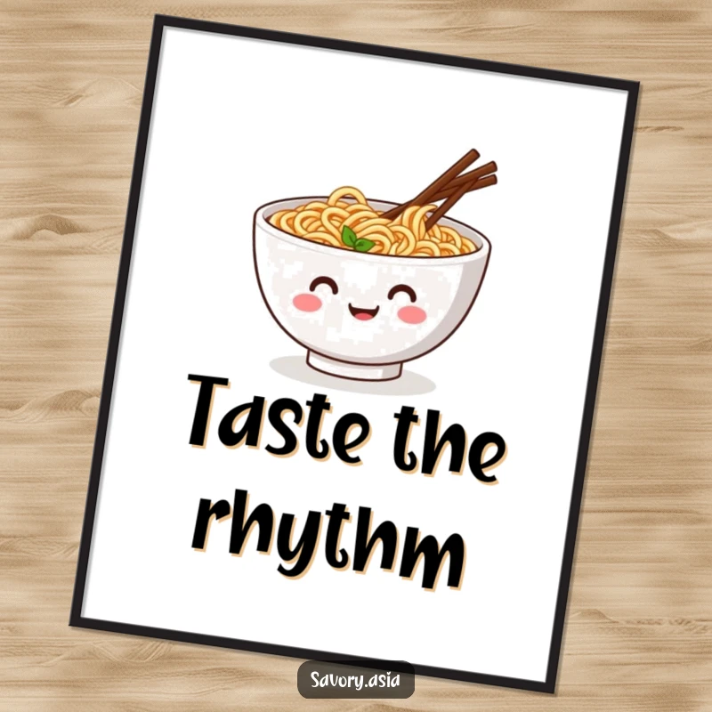 Funny digital art of a smiling ramen bowl with wiggling chopsticks doing a jig, embodying humorous food celebration and joy.