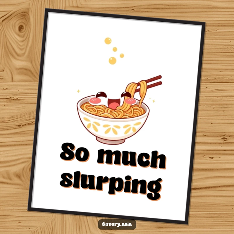 Funny Digital Art Print of a smiling ramen bowl character excitedly slurping noodles, perfect for humorous kitchen or dining room decor.