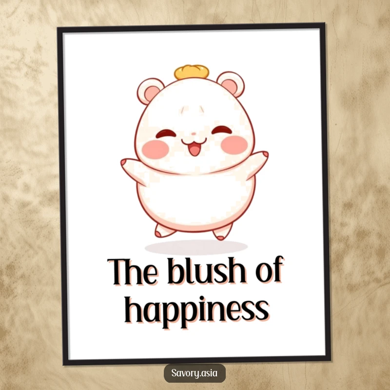 Funny bao bun digital art print of a blushing, cheerful bao bun doing a happy hop, perfect for instant adorable decor.