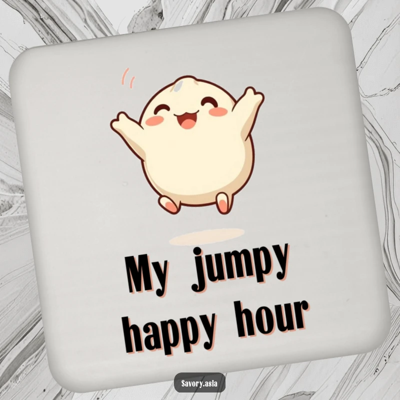 Funny dumpling drink coasters featuring a happy, leaping steamed dumpling, protecting surfaces with delightful and amusing food-themed art.