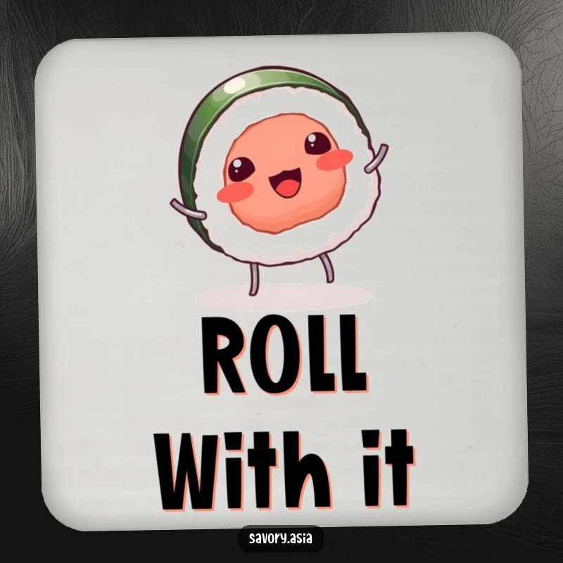 Funny coasters featuring a giggling sushi piece with tiny legs doing a cartwheel, offering humorous protection for tables.