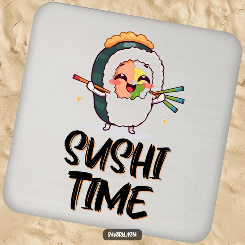 Funny Drink Coasters featuring a giggling sushi roll character juggling chopsticks, humorously protecting surfaces with flair.