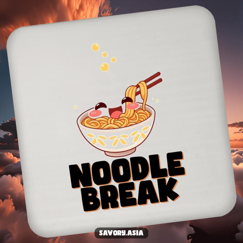 Funny Drink Coasters featuring a smiling ramen bowl character slurping noodles, humorously protecting surfaces with a food-themed flair.
