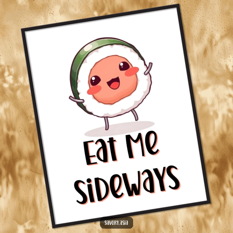 Funny poster art of a giggling sushi piece with tiny legs doing a cartwheel, depicting humorous fun and agility.