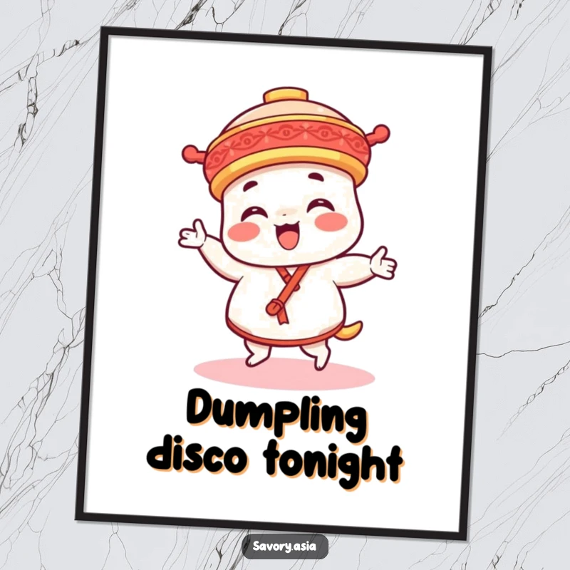 Funny dim sum platter character poster, artfully depicting a cheerful dance, adding a touch of culinary humor to walls.
