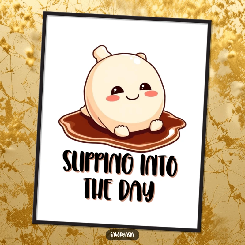 Funny potsticker poster depicting a mischievous potsticker sliding on a soy sauce puddle, a humorous and playful piece of art.
