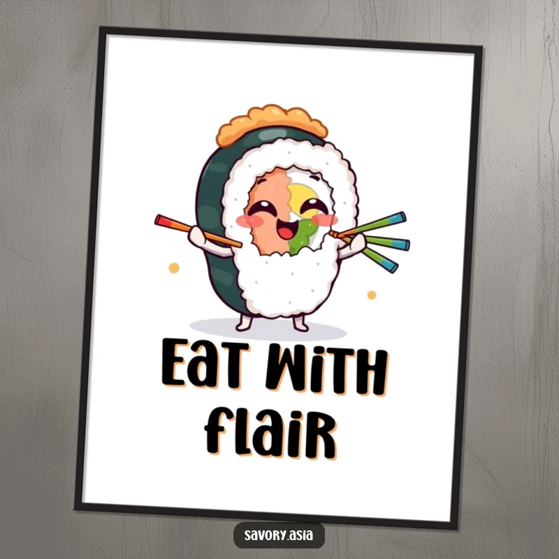 Funny Poster showcasing a giggling sushi roll character expertly juggling multiple colorful chopsticks, adding a humorous artistic flair.