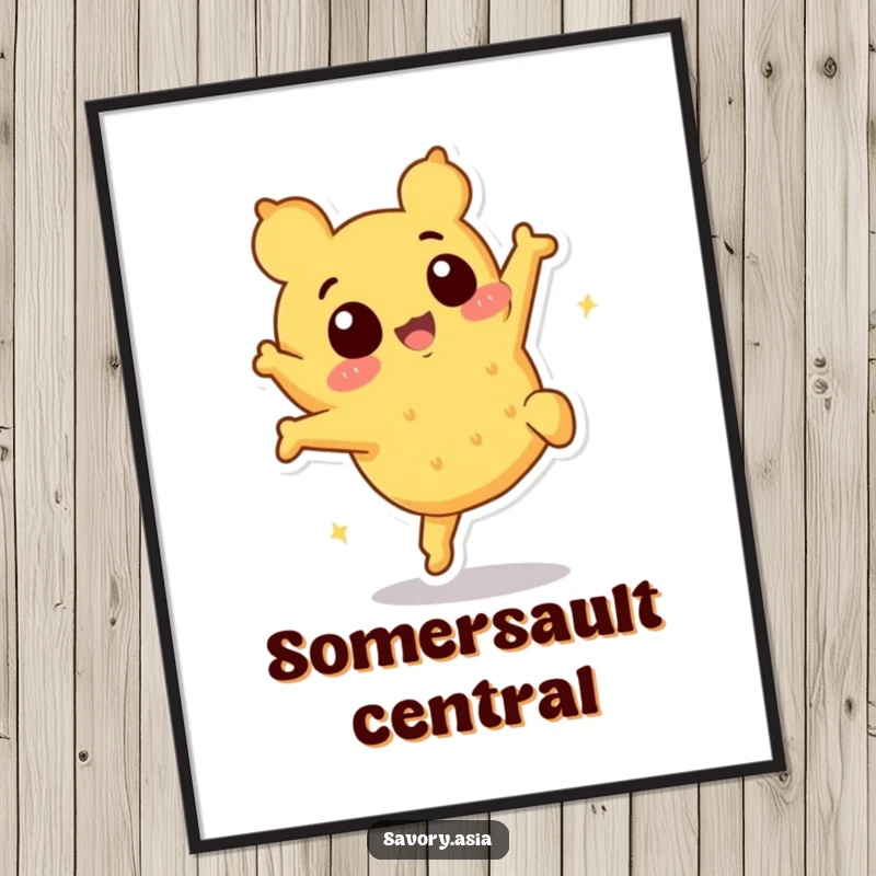 Funny tempura character poster, depicting a cheerful somersault, adding dynamic and humorous food art to walls.