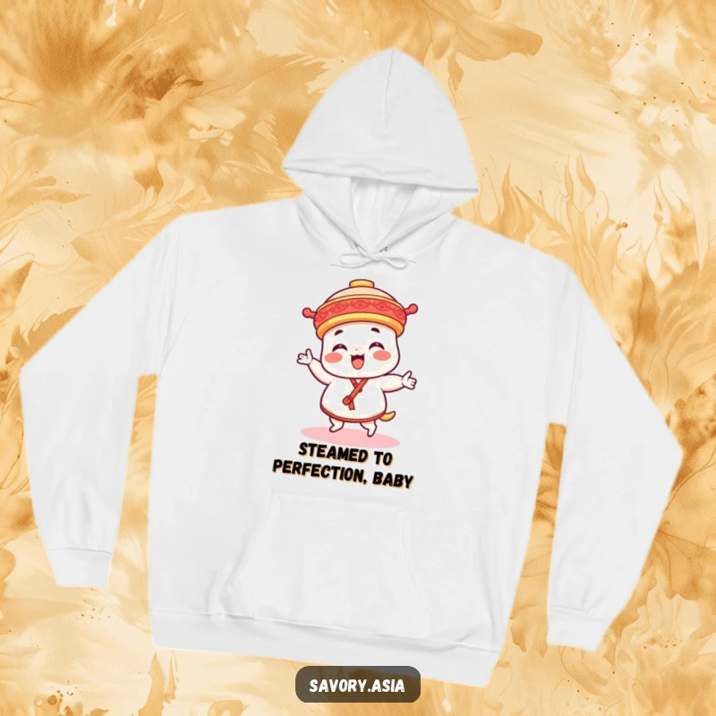 Funny dim sum platter character hoodie, a cozy garment showcasing a character in a happy, jiggly dance pose.