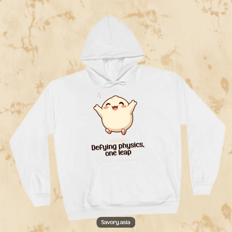 Funny dumpling hoodie showing a happy steamed dumpling with wide eyes, captured in an energetic airborne leap, perfect for cozy humor.
