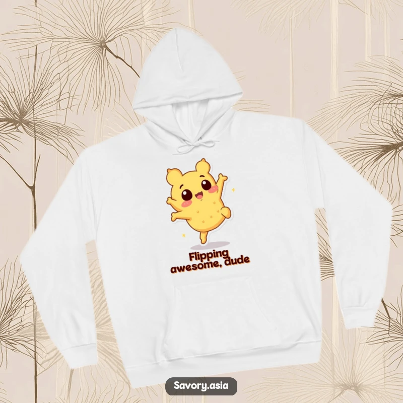 Funny tempura character hoodie, featuring a crispy piece doing a playful somersault, offering warmth and humor.