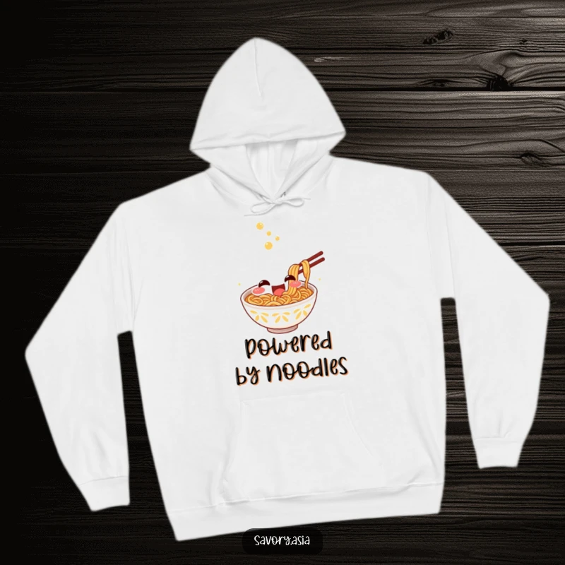Funny Hoodie featuring a smiling ramen bowl character excitedly slurping noodles, offering cozy comfort and delicious humor.