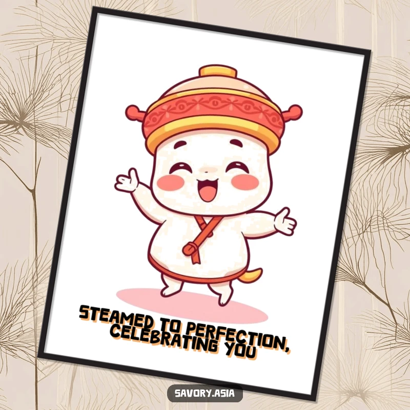 Funny Free Printable Wall Art: A delighted dim sum platter character caught mid-dance, adding quirky decor.