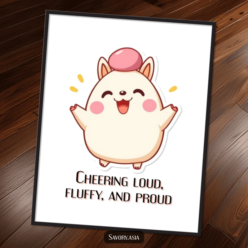 Funny Free Printable Wall Art: Happy bao bun character cheering with fluffy top, cute foodie art, downloadable.