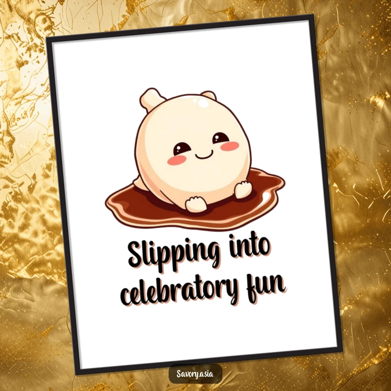 Funny Free Printable Wall Art: A playful potsticker with a mischievous grin slides across a soy sauce puddle, adding humor.