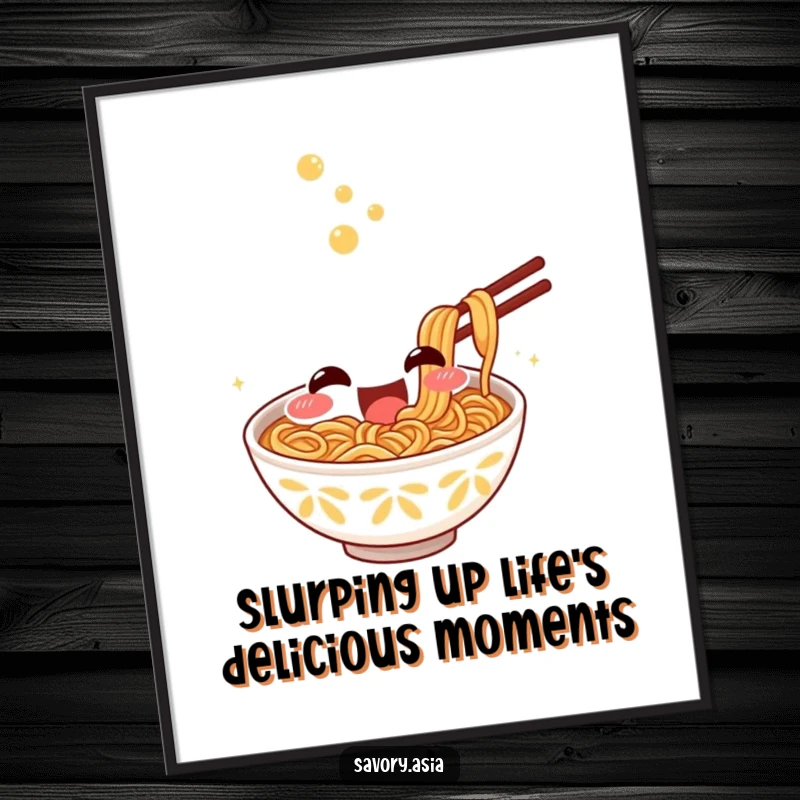 Funny Free Printable Wall Art: Smiling bowl of ramen character excitedly slurping noodles, foodie art, downloadable.