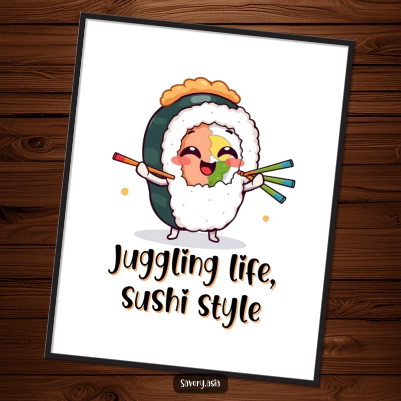 Funny Free Printable Wall Art: Giggling sushi roll juggling colorful chopsticks, playful foodie art, downloadable.
