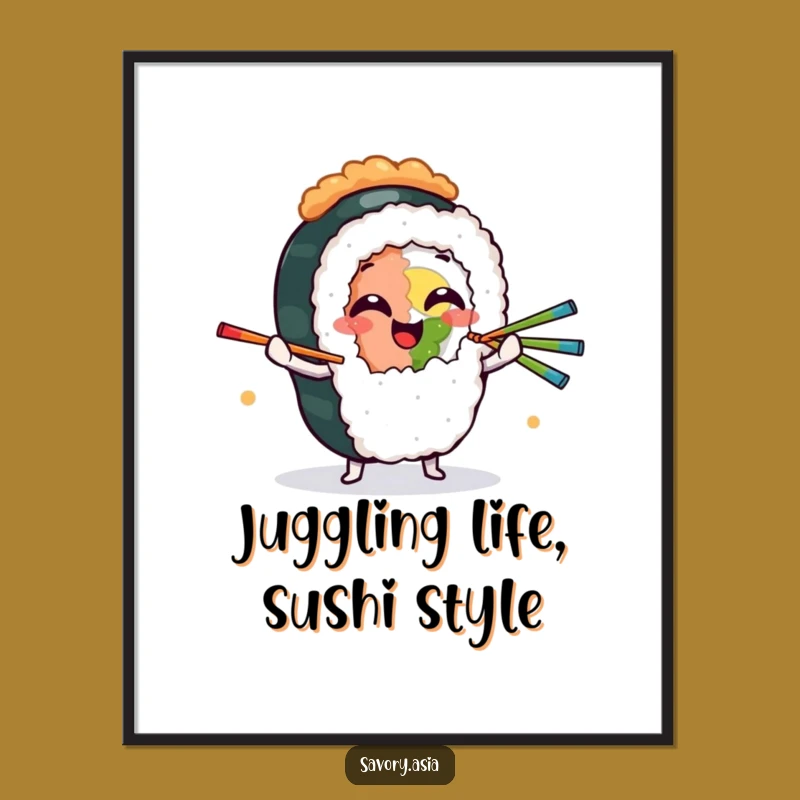 Free Printable Wall Art: Giggling Sushi Juggling Chopsticks, Fun Downloadable Foodie Decor